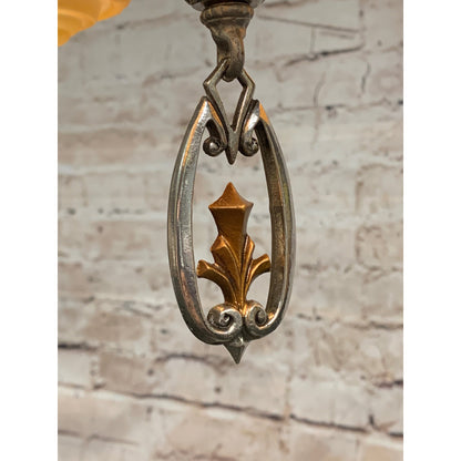 Polished Aluminum Art Deco 3 Light Chandelier By Lincoln, Amber Glass Shades #1924