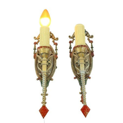 One Pair Spanish Revival Sconces from the 1920s with Original Gold and Red Finish #2072