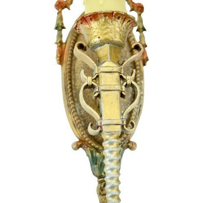 One Pair Spanish Revival Sconces from the 1920s with Original Gold and Red Finish #2072