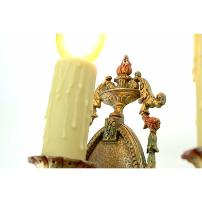 One Pair Spanish Revival Sconces from the 1920s with Original Gold and Red Finish #2072