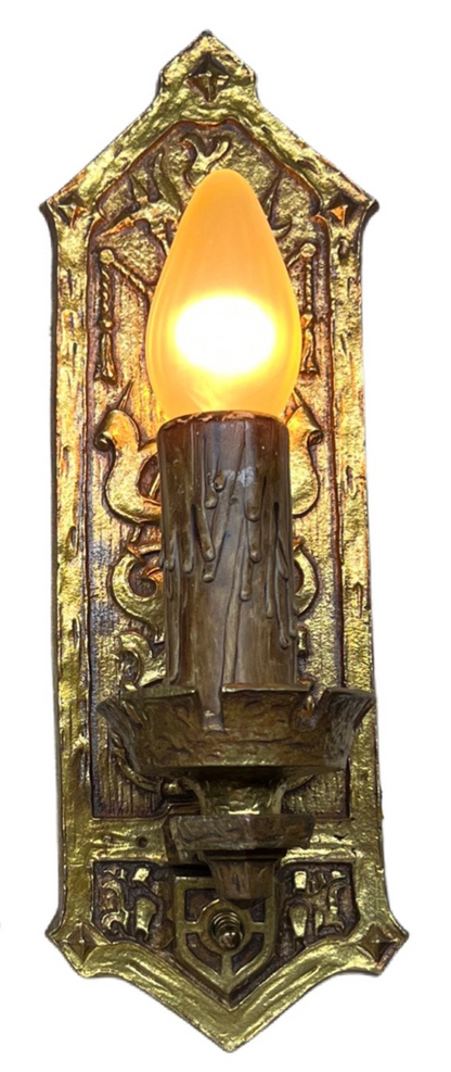 Stunning 1910s or 1920s Cast Brass Tudor or Romantic Revival Wall Sconce #2353