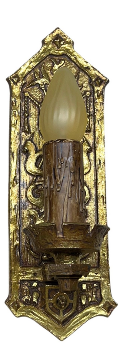 Stunning 1910s or 1920s Cast Brass Tudor or Romantic Revival Wall Sconce #2353