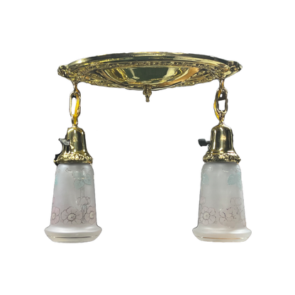 1920s Polished Brass Pan Two Light with Vintage Shades #2419