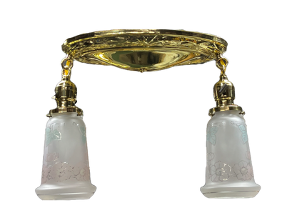Brass Pan Two lIght with Vintage Shades #2420