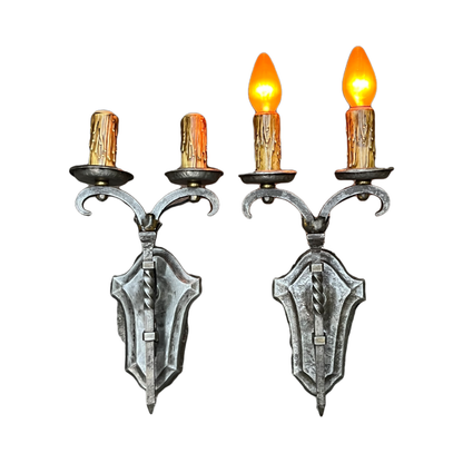 Pair Wrought Iron Double Sconces Spanish Revival Style #2506