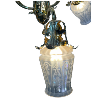 RESTORED Art Nouveau Three Light with Etched Shades, ca. 1900 #2507