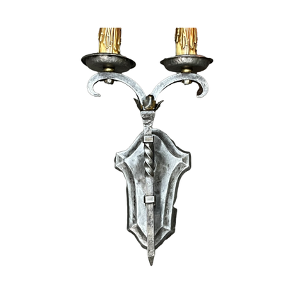 Pair Wrought Iron Double Sconces Spanish Revival Style #2506