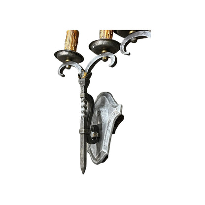 Pair Wrought Iron Double Sconces Spanish Revival Style #2506