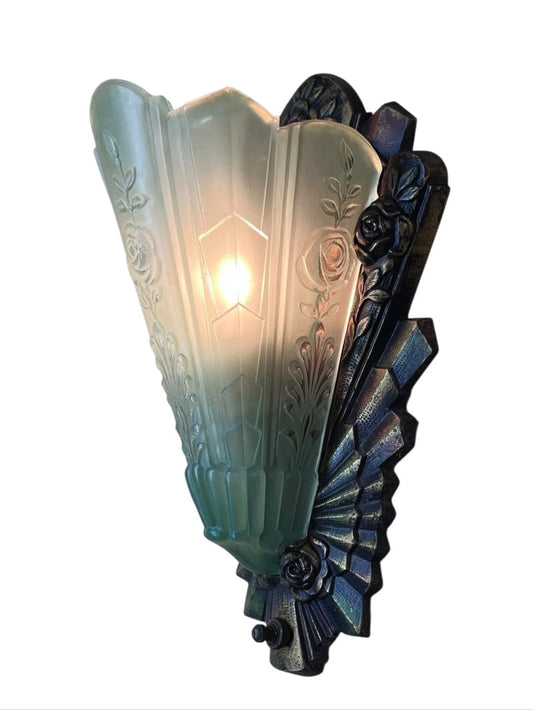 Single Frankelite Wall Sconce with Original Finish and Green Shade #2537