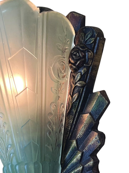 Single Frankelite Wall Sconce with Original Finish and Green Shade #2537