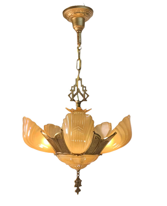 RESTORED Art Deco Markel Chevron 6 Light Slip Shade Chandelier #2544