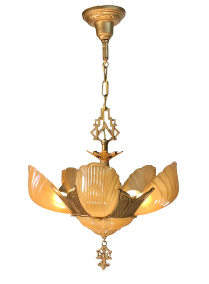 RESTORED Art Deco Markel Chevron 6 Light Slip Shade Chandelier #2544