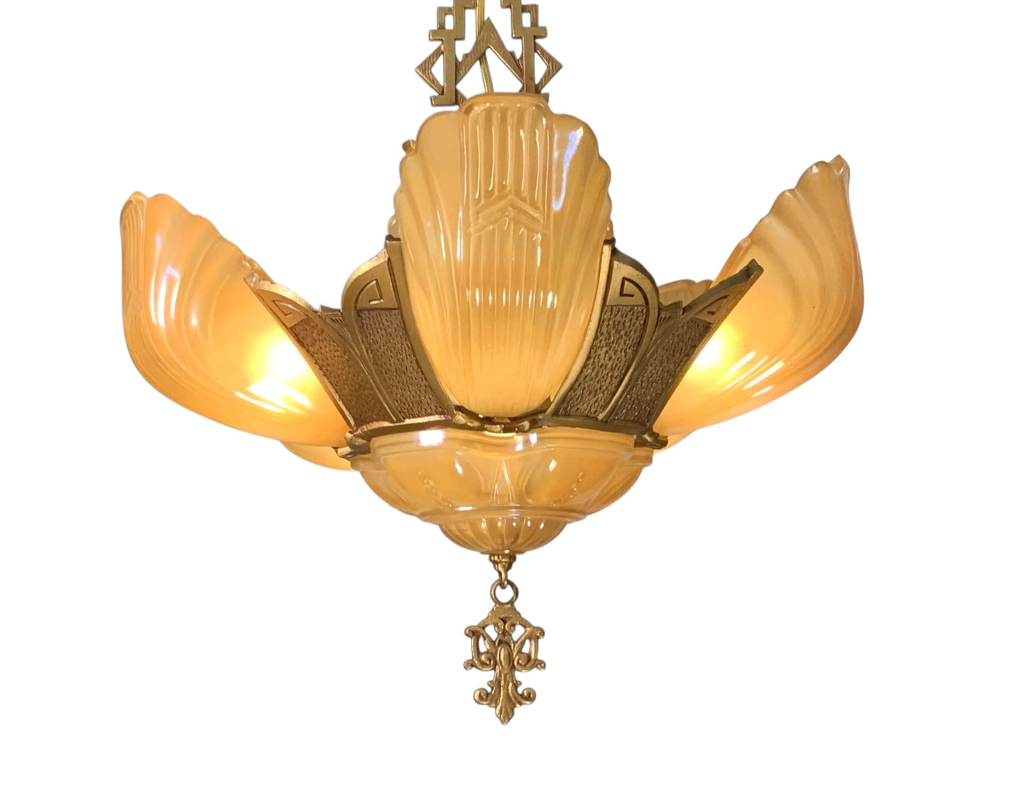RESTORED Art Deco Markel Chevron 6 Light Slip Shade Chandelier #2544