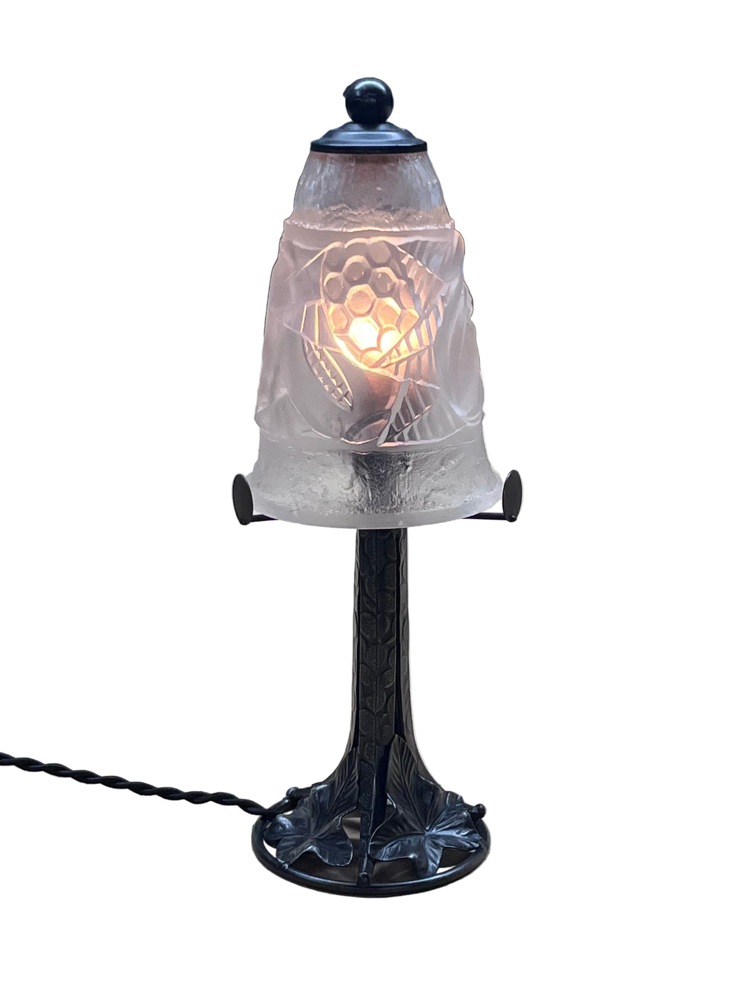 Petit 1920s Art Deco Accent Lamp From France with Frosted Glass Shade New Wiring and Patina Hand Forged Wrought Iron #2563