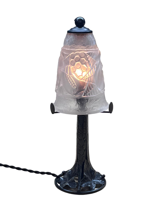 Petit 1920s Art Deco Accent Lamp From France with Frosted Glass Shade New Wiring and Patina Hand Forged Wrought Iron #2563