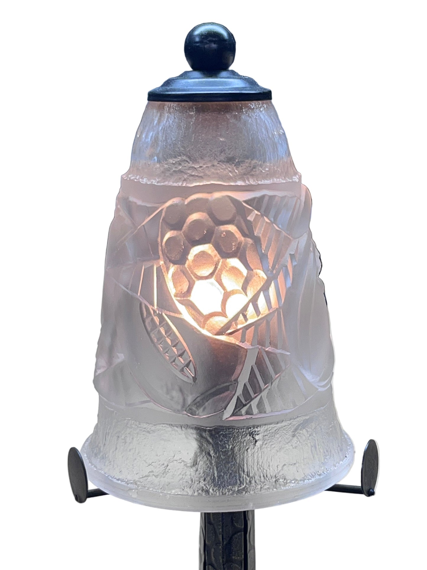 Petit 1920s Art Deco Accent Lamp From France with Frosted Glass Shade New Wiring and Patina Hand Forged Wrought Iron #2563