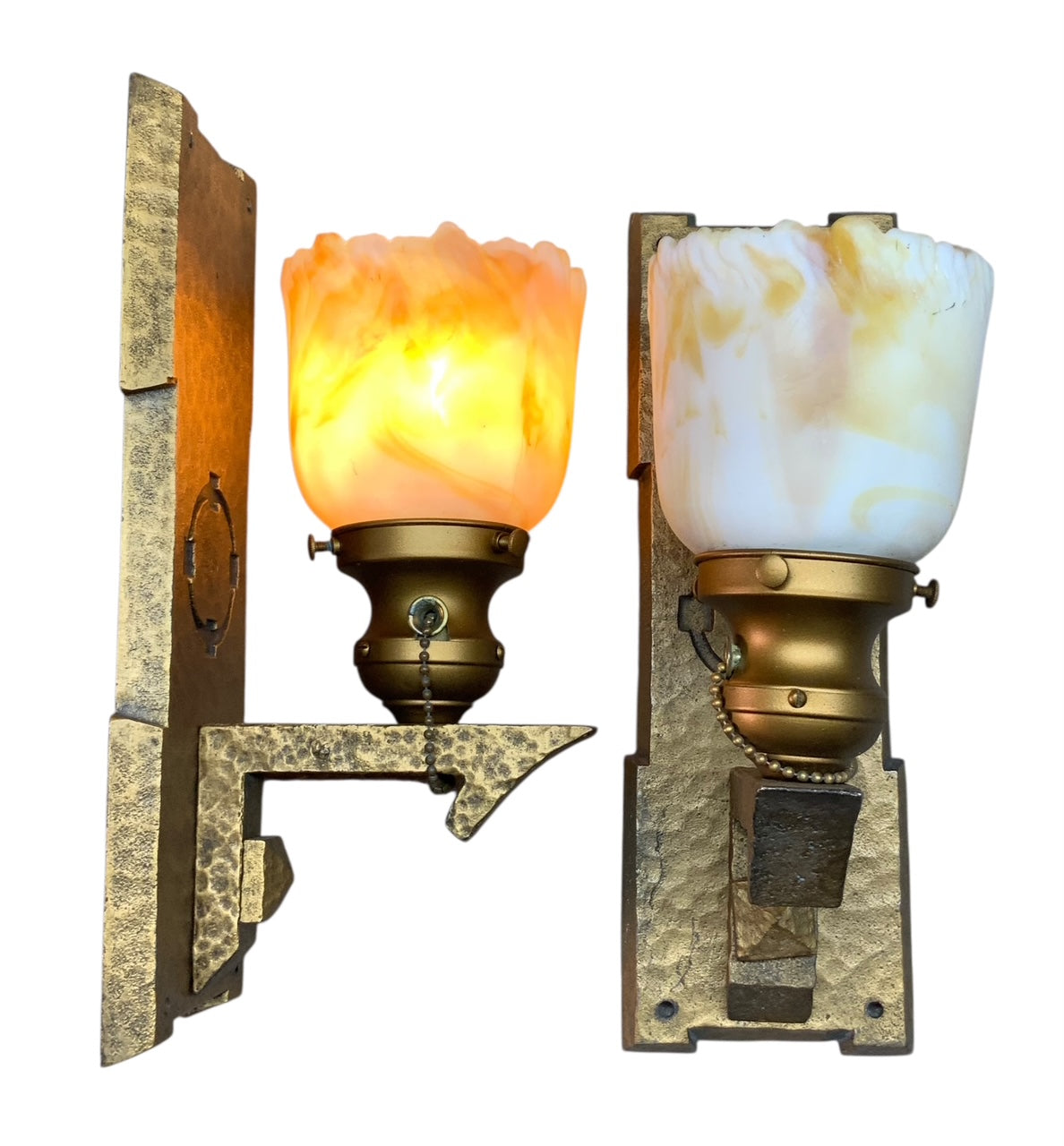 Hammered Arts and Crafts Wall Sconces with Bournique Shades circa 1916 #2512