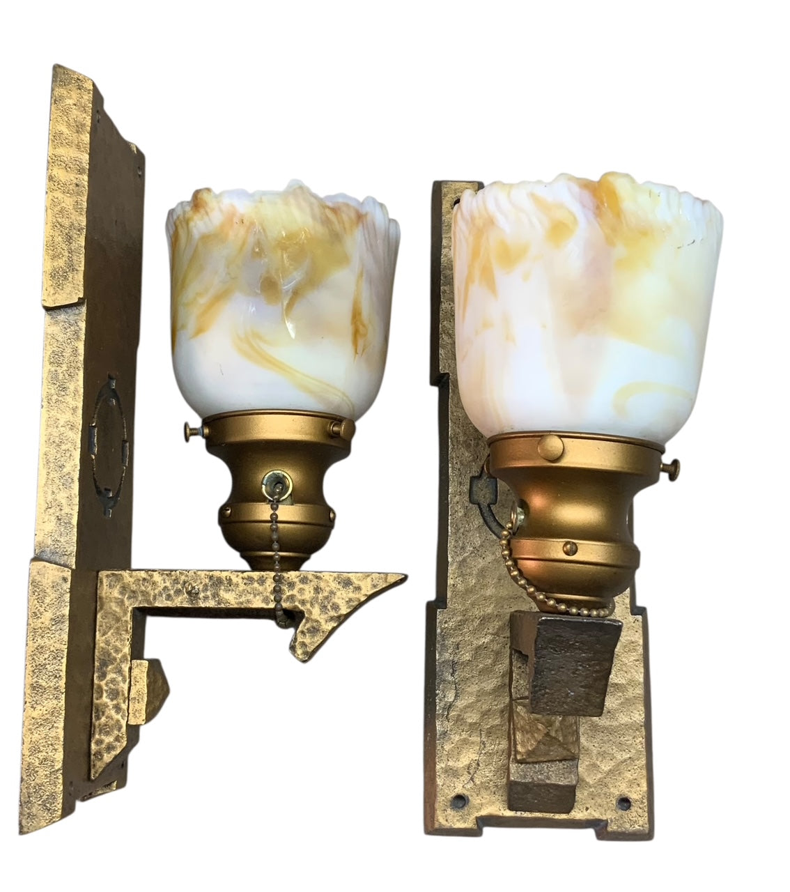 Hammered Arts and Crafts Wall Sconces with Bournique Shades circa 1916 #2512