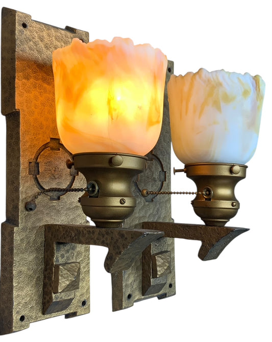 Hammered Arts and Crafts Wall Sconces with Bournique Shades circa 1916 #2512