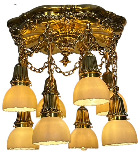 Polished Brass Sheffield Light with Grapevines and 8 Steuben Art Glass Shades #2564