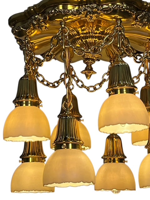 Polished Brass Sheffield Light with Grapevines and 8 Steuben Art Glass Shades #2564