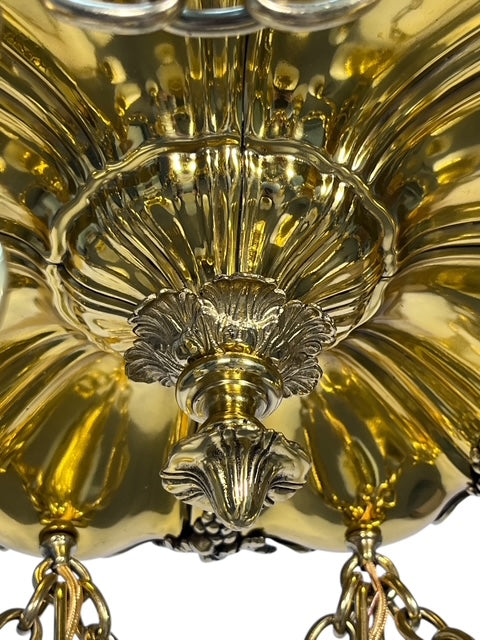 Polished Brass Sheffield Light with Grapevines and 8 Steuben Art Glass Shades #2564