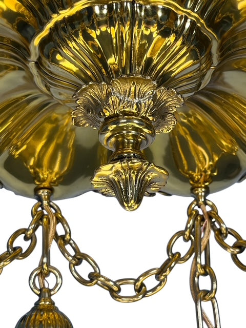 Polished Brass Sheffield Light with Grapevines and 8 Steuben Art Glass Shades #2564