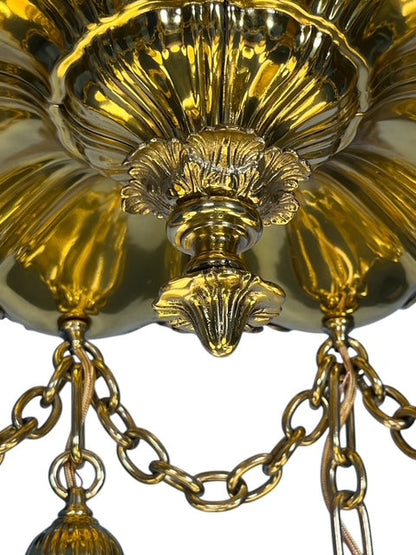 Polished Brass Sheffield Light with Grapevines and 8 Steuben Art Glass Shades #2564