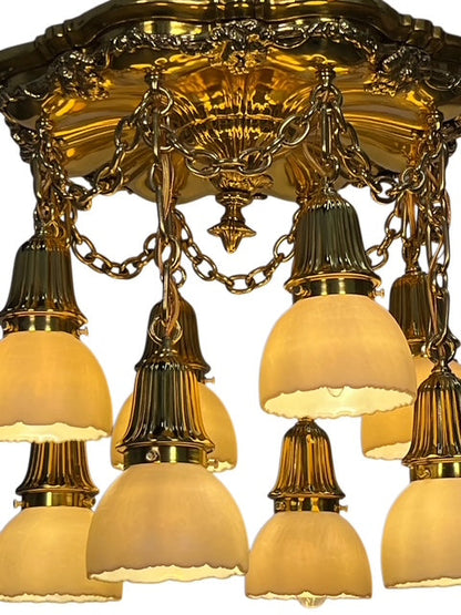Polished Brass Sheffield Light with Grapevines and 8 Steuben Art Glass Shades #2564
