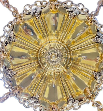 Polished Brass Sheffield Light with Grapevines and 8 Steuben Art Glass Shades #2564