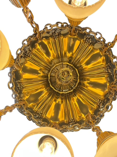 Polished Brass Sheffield Light with Grapevines and 8 Steuben Art Glass Shades #2564