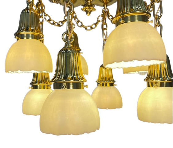 Polished Brass Sheffield Light with Grapevines and 8 Steuben Art Glass Shades #2564