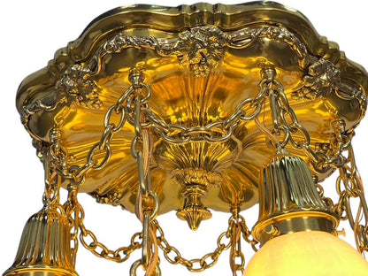 Polished Brass Sheffield Light with Grapevines and 8 Steuben Art Glass Shades #2564