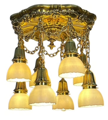 Polished Brass Sheffield Light with Grapevines and 8 Steuben Art Glass Shades #2564