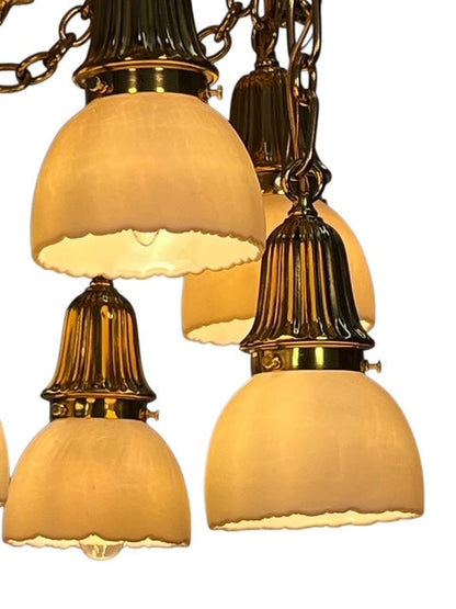 Polished Brass Sheffield Light with Grapevines and 8 Steuben Art Glass Shades #2564