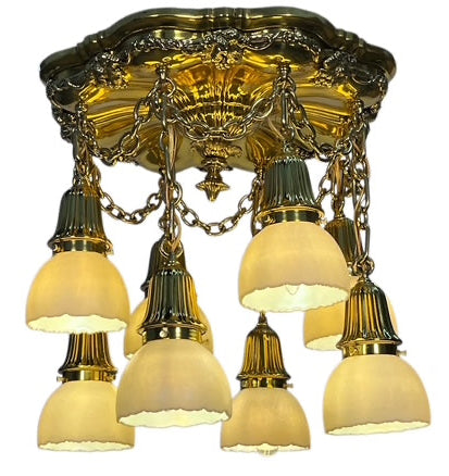 Polished Brass Sheffield Light with Grapevines and 8 Steuben Art Glass Shades #2564