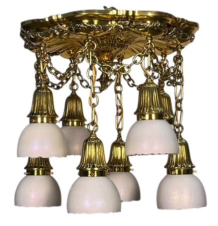 Polished Brass Sheffield Light with Grapevines and 8 Steuben Art Glass Shades #2564