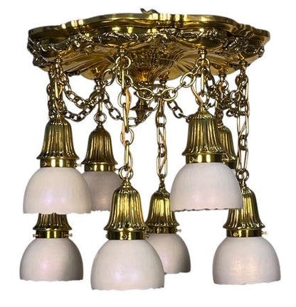 Polished Brass Sheffield Light with Grapevines and 8 Steuben Art Glass Shades #2564