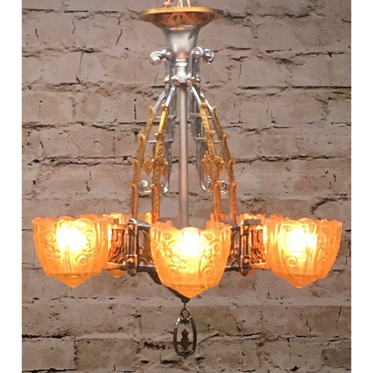 RESTORED REWIRED 1930s Antique Art Deco Lincoln 5 Light Chandelier Polished Aluminum and Painted Gold Accents  #1750