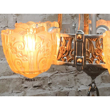 RESTORED REWIRED 1930s Antique Art Deco Lincoln 5 Light Chandelier Polished Aluminum and Painted Gold Accents  #1750