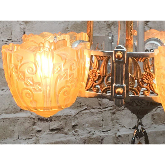 RESTORED REWIRED 1930s Antique Art Deco Lincoln 5 Light Chandelier Polished Aluminum and Painted Gold Accents  #1750