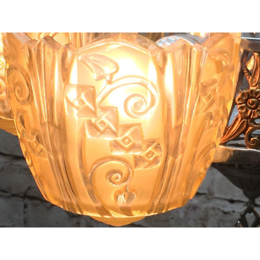 RESTORED REWIRED 1930s Antique Art Deco Lincoln 5 Light Chandelier Polished Aluminum and Painted Gold Accents  #1750