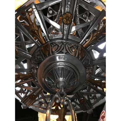 RESTORED REWIRED 1930s Antique Art Deco Lincoln 5 Light Chandelier Polished Aluminum and Painted Gold Accents  #1750