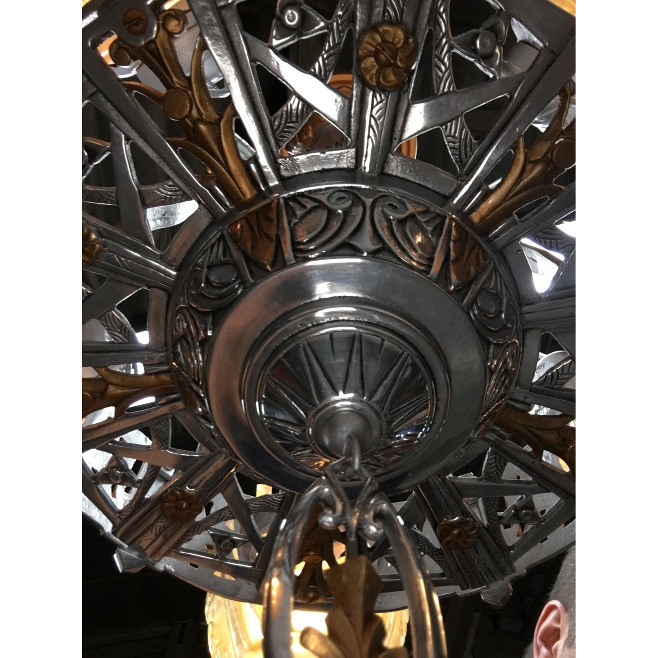 RESTORED REWIRED 1930s Antique Art Deco Lincoln 5 Light Chandelier Polished Aluminum and Painted Gold Accents  #1750