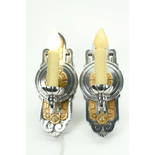 PAIR Polished Lincoln Art Deco Sconces #2106
