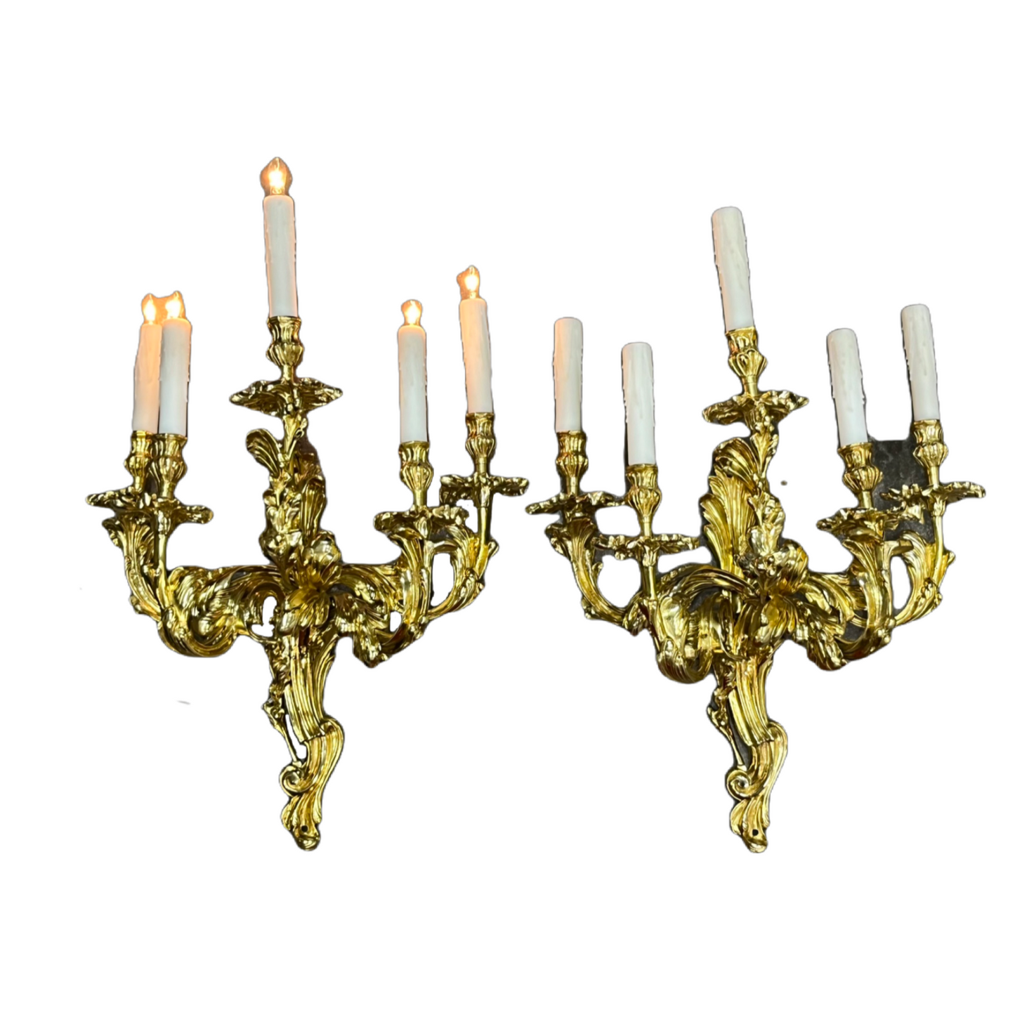 Antique Huge and Heavy Solid Cast Brass Baroque Revival 5-Light Sconces Polished and Lacquered with New Wiring and Candle Covers #2432