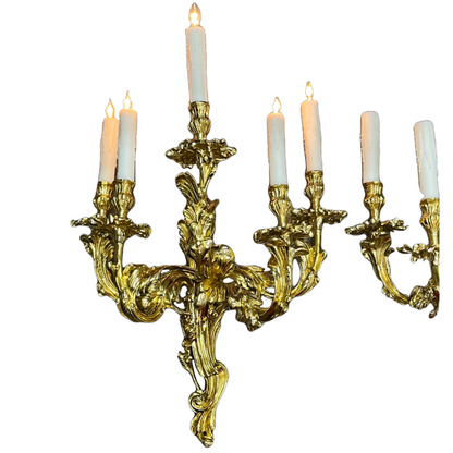 Antique Huge and Heavy Solid Cast Brass Baroque Revival 5-Light Sconces Polished and Lacquered with New Wiring and Candle Covers #2432
