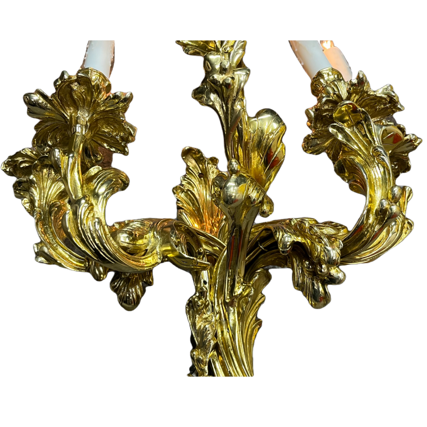 Antique Huge and Heavy Solid Cast Brass Baroque Revival 5-Light Sconces Polished and Lacquered with New Wiring and Candle Covers #2432