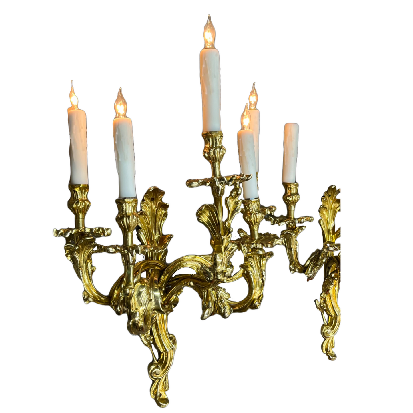 Antique Huge and Heavy Solid Cast Brass Baroque Revival 5-Light Sconces Polished and Lacquered with New Wiring and Candle Covers #2432