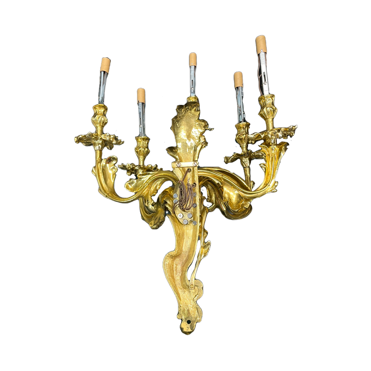 Antique Huge and Heavy Solid Cast Brass Baroque Revival 5-Light Sconces Polished and Lacquered with New Wiring and Candle Covers #2432